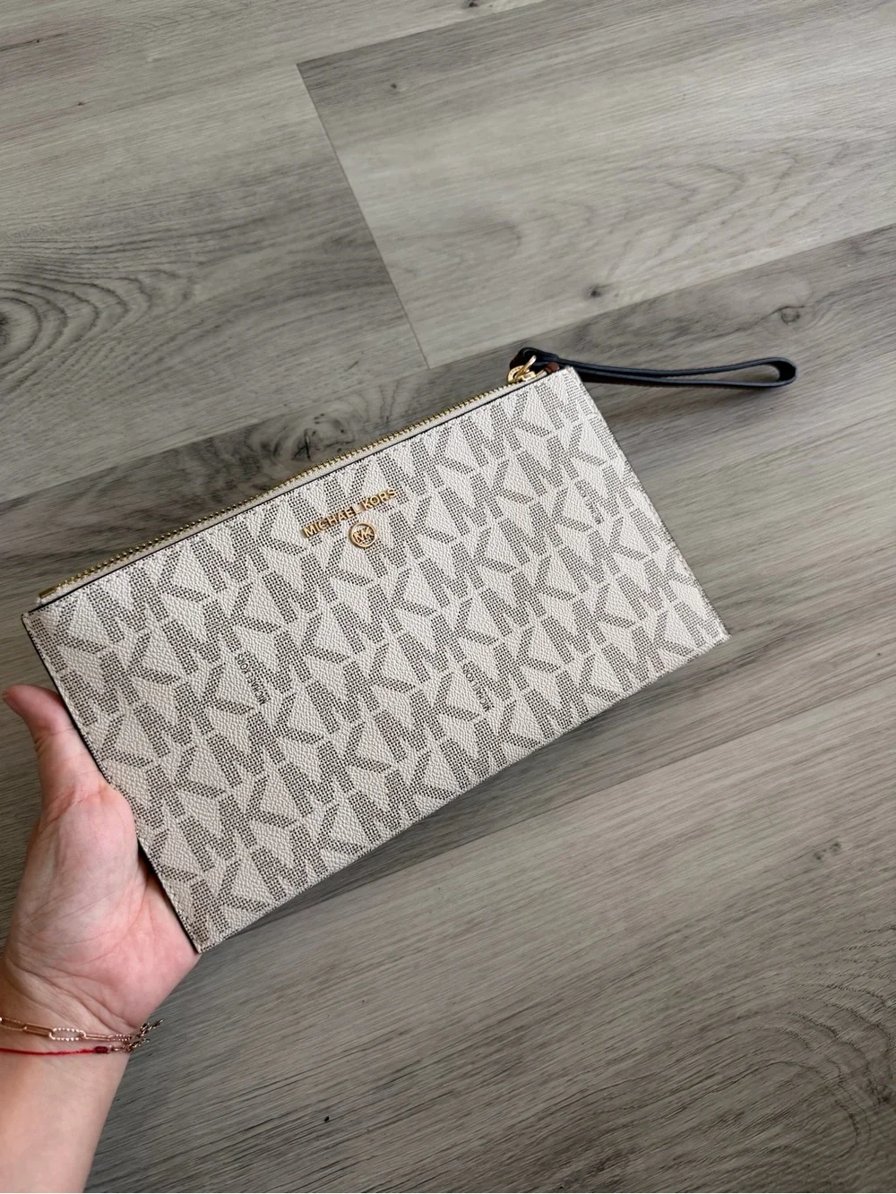Michael Kors Cream Logo Wristlet Clutch with Gold Hardware